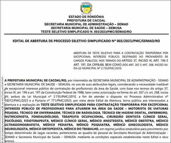 Processo seletivo na Prefeitura de Cacoal tem salários de até quase R$ 12 mil