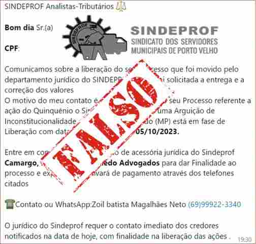 Sindeprof alerta servidores sobre golpes de supostos créditos a receber