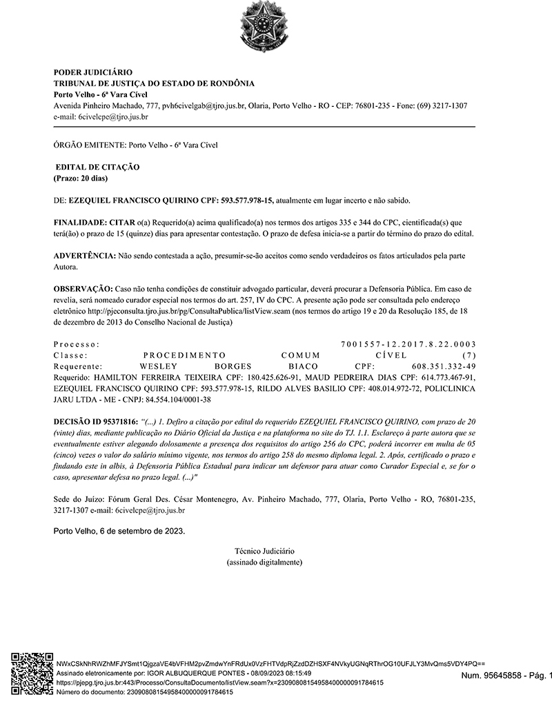 Edital de Citação de Ezequiel Francisco Quirino - Processo 7001557-12.2017.8.22.0003 