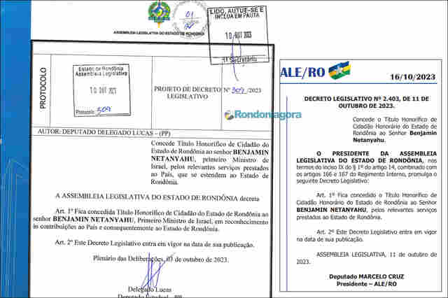 Primeiro-ministro de Israel ganha título de cidadão de Rondônia por “relevantes serviços” prestados ao Estado
