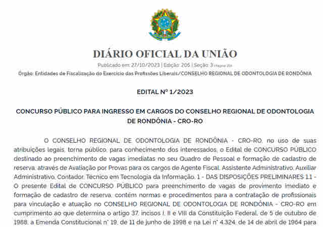 Conselho Regional de Odontologia de Rondônia divulga edital de concurso com salários de até R$ 3.636,00