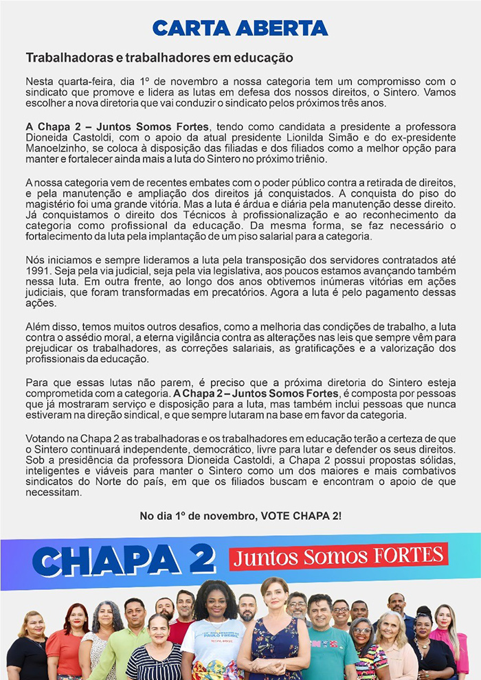 Eleição no Sintero: Chapa 2 divulga Carta Aberta aos trabalhadores em educação