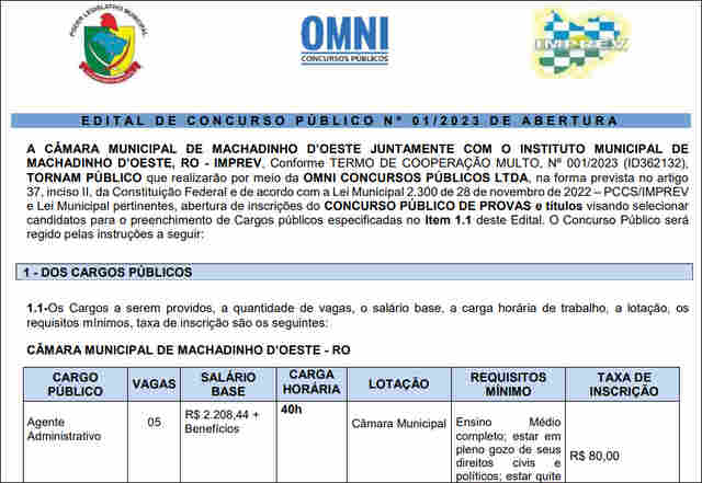  Câmara e Instituto Municipal de Previdência de Machadinho do Oeste realizam concurso
