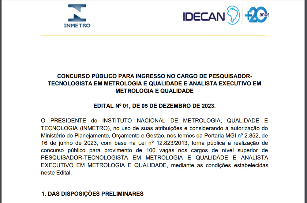 Inmetro divulga edital de concurso com860 vagas e salário de R$ 8,7 mil