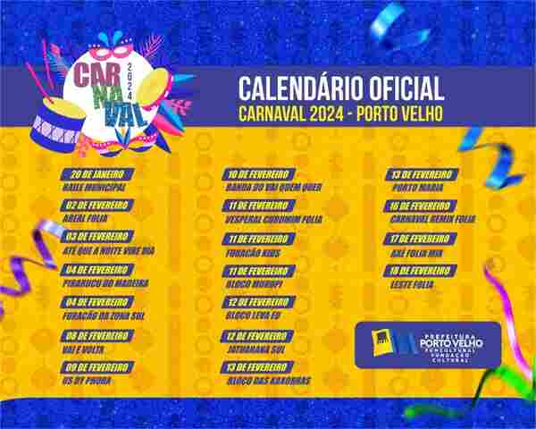 Programação do Carnaval 2024 em Porto Velho é atualizada
