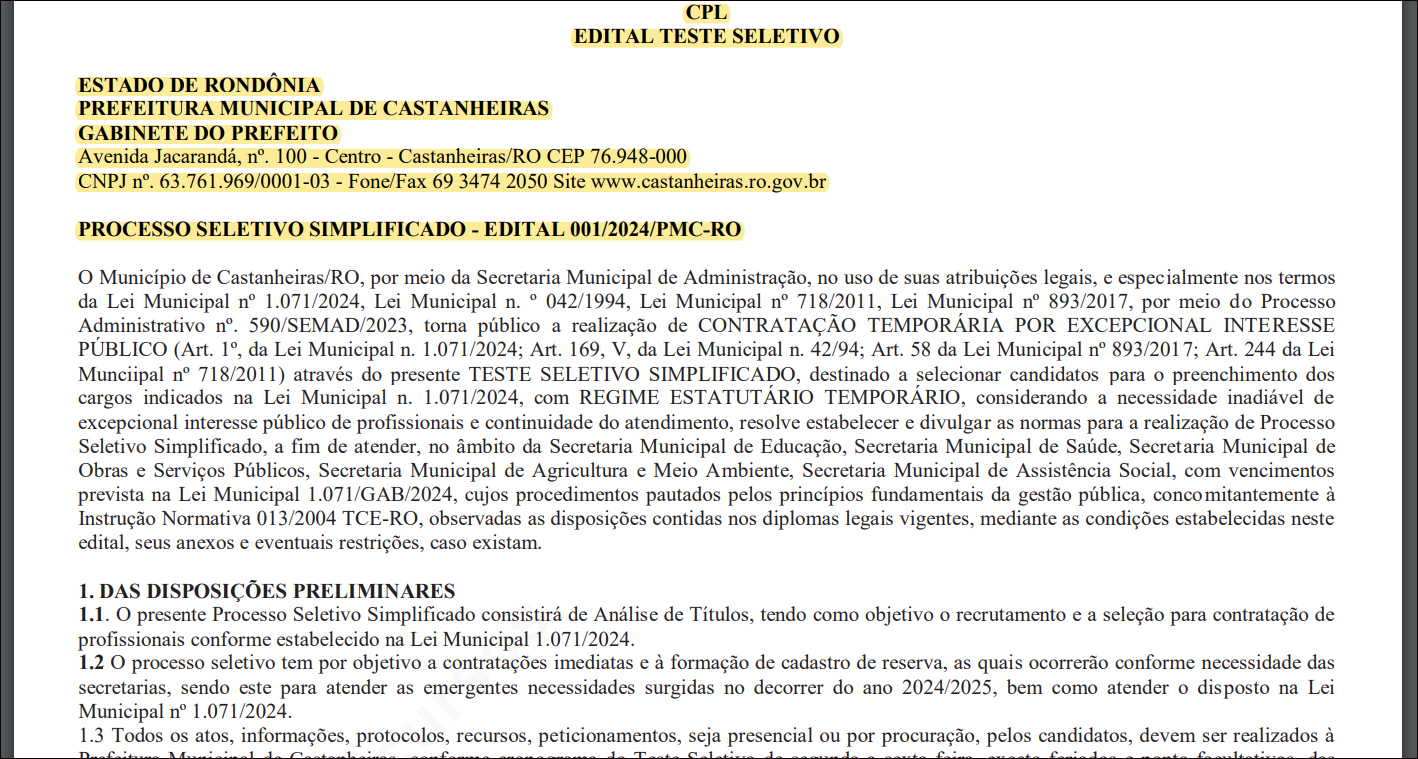 Prefeitura de Castanheiras abre seleção com mais de 140 vagas e