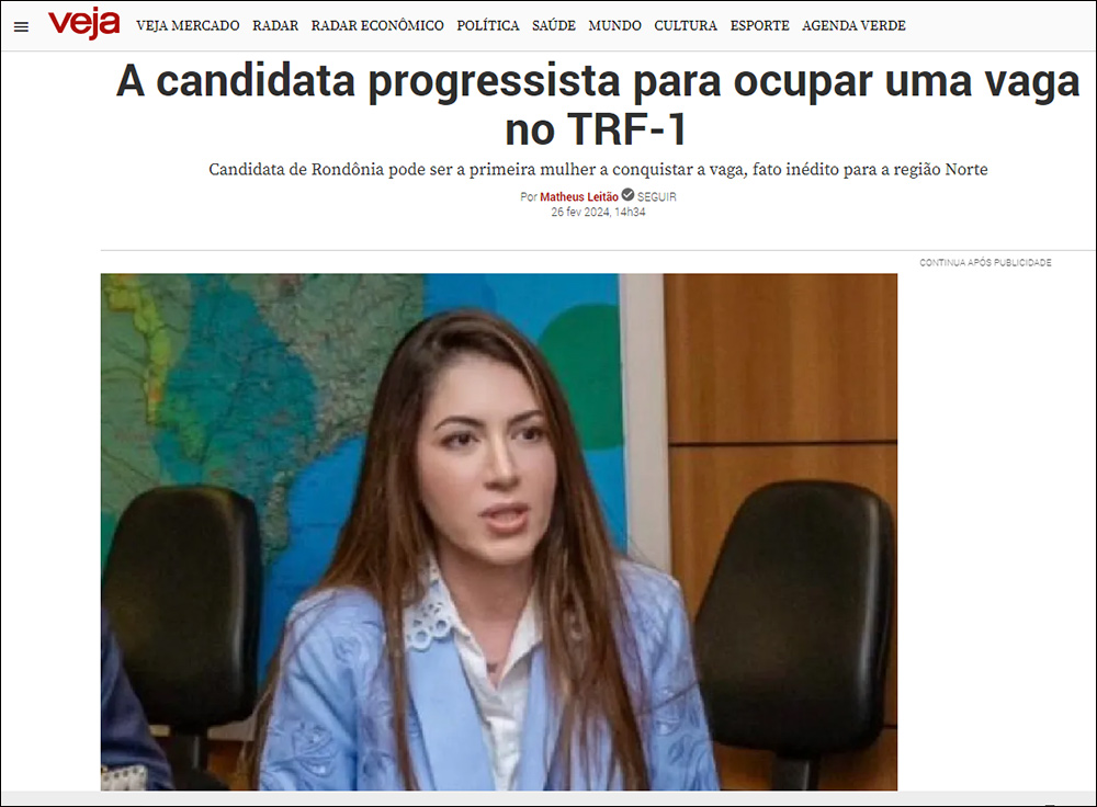 Revista Veja destaca advogada de Rondônia que pode ser nomeada desembargadora no TRF1