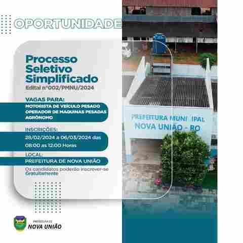 Inscrições de processo seletivo da Prefeitura Nova União abrem nesta quarta-feira