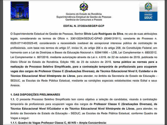 Governo de Rondônia anuncia processo seletivo com mais de 2 mil vagas e salários de até R$ 4,6 mil
