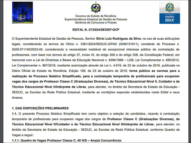 Governo de Rondônia anuncia processo seletivo com mais de 2 mil vagas e salários de até R$ 4,6 mil