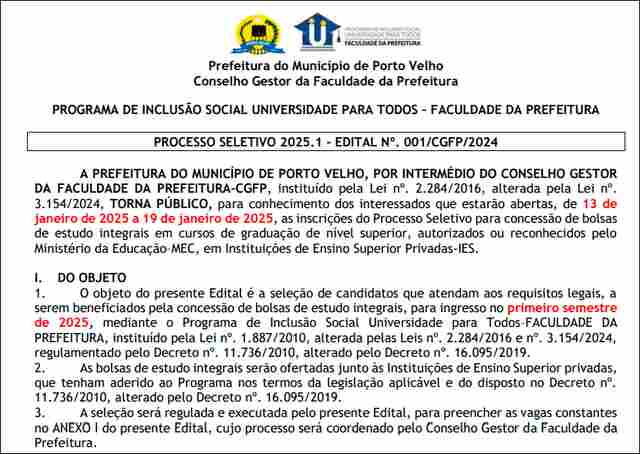 Faculdade da Prefeitura de Porto Velho abre inscrições dia 13 e oferece 126 vagas de cursos superiores