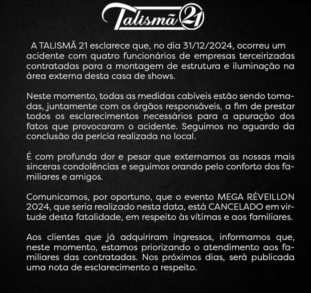 Tragédia em Porto Velho: Talismã 21 cancela réveillon após mortes de trabalhadores