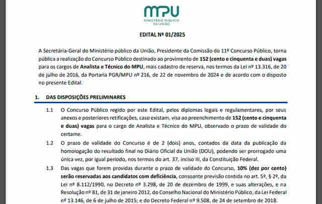 Publicado edital do concurso com MPU com 152 vagas e salário de até R$ 13.994,78