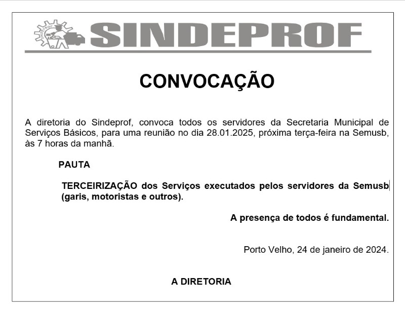 Edital de convoca&ccedil;&atilde;o do Sindeprof - dia 28/01