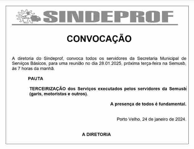 Edital de convocação do Sindeprof - dia 28/01