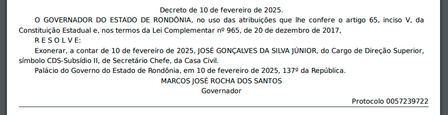 Governador exonera Júnior Gonçalves da Casa Civil