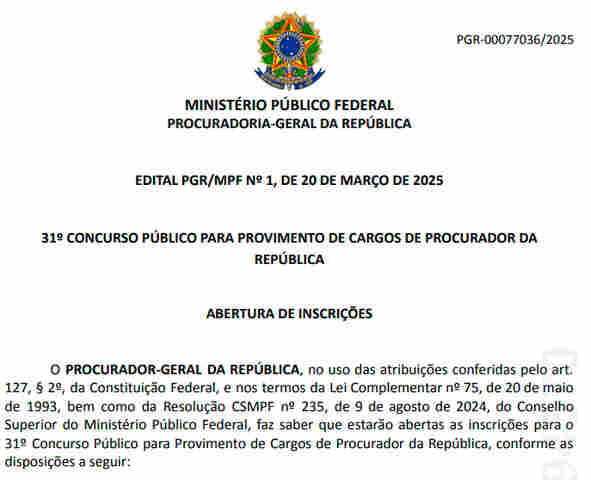MPF abre inscrições para concurso de Procurador da República com vagas para Rondônia e salário inicial de R$ 39,7 mil