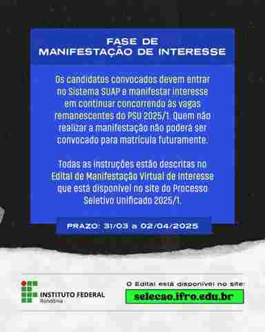 IFRO abre prazo para manifestação de interesse em vagas remanescentes
