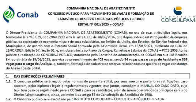 Concurso da Conab é aberto com vagas para Rondônia; salários variam de R$ 3.459,87 a R$ 8.140,88