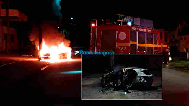 Motorista briga com o marido, perde controle de veículo e colide contra poste em Porto Velho; carro pegou fogo