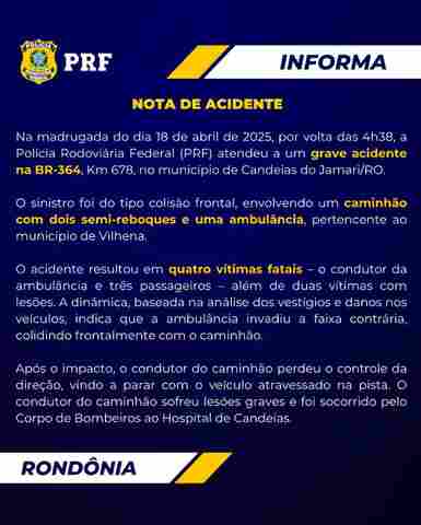 PRF diz que indícios indicam que ambulância invadiu pista contrária em acidente com quatro mortes na BR-364