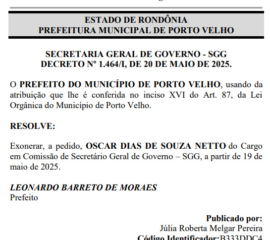 Pressionado por denúncias de corrupção, secretário-geral de Léo Moraes é exonerado, mas troca é tentativa de blindagem política