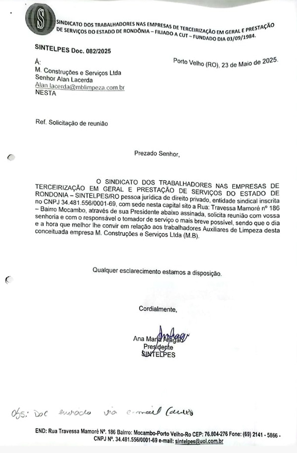 Sindicato vai acionar empresa de limpeza no Ministério do Trabalho; gerente é casado com assessora de primeiro escalão de Léo Moraes
