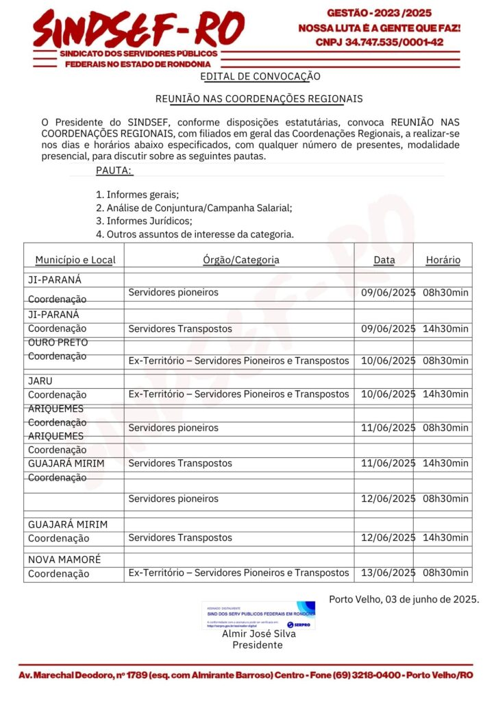 Sindsef convoca reuniões nas Coordenações Regionais de 9 a 13 de junho