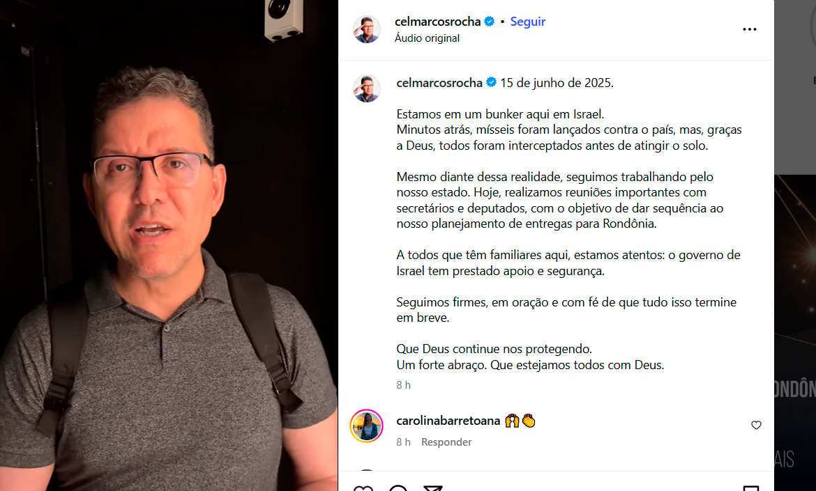 Governador Marcos Rocha relata ataque com mísseis em Israel e diz que comitiva de Rondônia ainda está em bunker