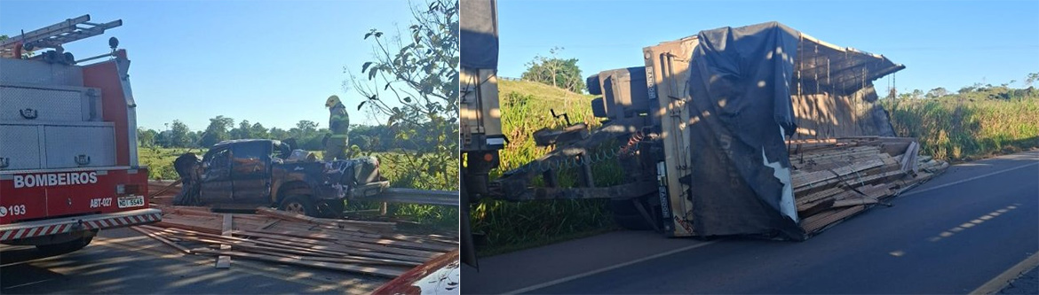 Tragédia na BR-364: carreta carregada de madeira tomba sobre caminhonete e mata três pessoas em Jaru