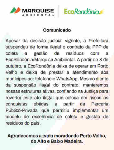 Comunicado da EcoRondônia/Marquise Ambiental