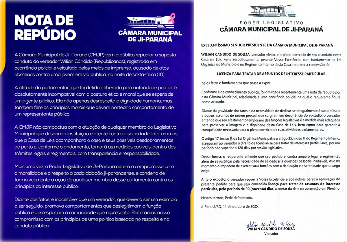 Depois de flagrante por importunação sexual e nota de repúdio dos colegas, vereador de Ji-Paraná pede afastamento