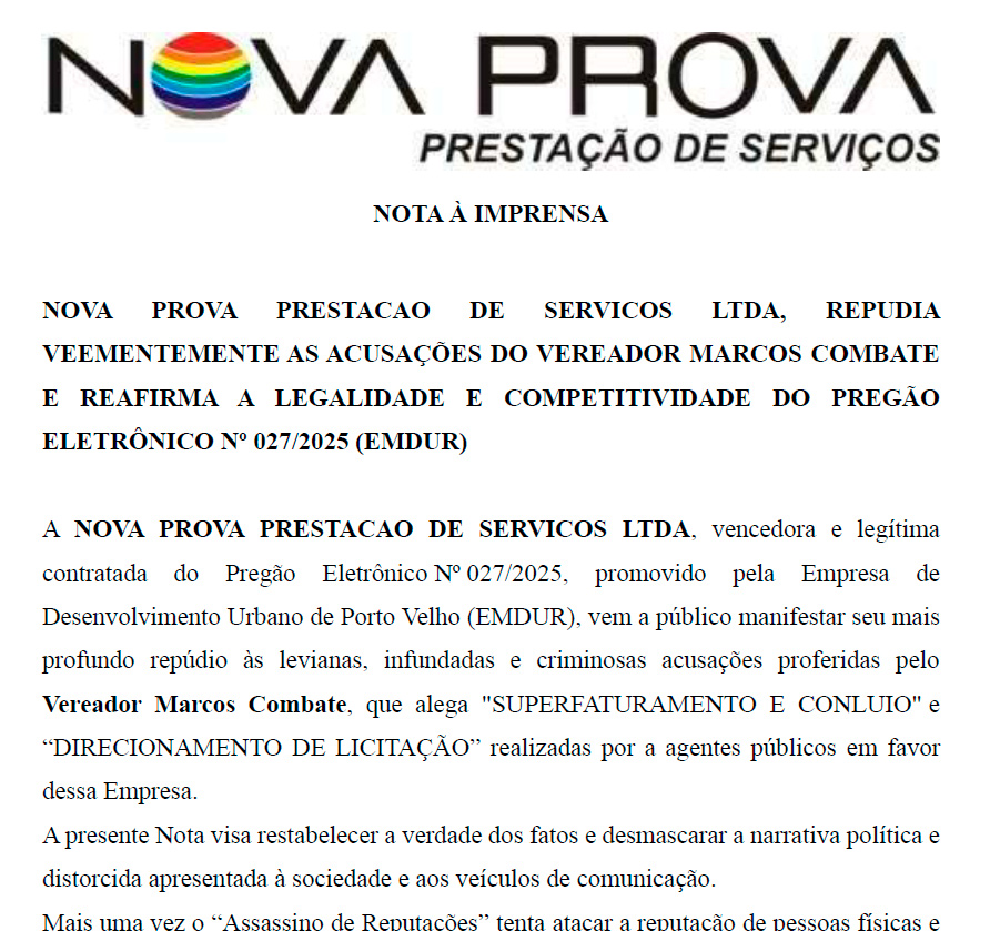 Nova Prova Prestação de Serviços, citada na denúncia de Marcos Combate, esclarece pontualmente as acusações