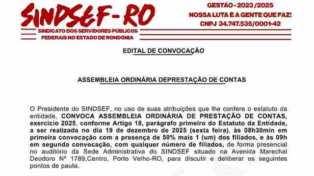 Sindsef/RO - Edital de Convocação de Assembleia Ordinária de Prestação de Contas