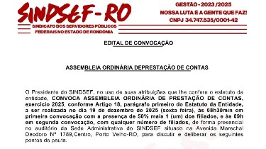 Sindsef/RO - Edital de Convocação de Assembleia Ordinária de Prestação de Contas