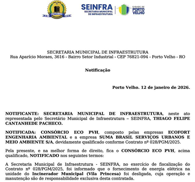 Incinerador de res&iacute;duos de sa&uacute;de de Porto Velho tem luz cortada e Prefeitura notifica empresa respons&aacute;vel pela coleta de lixo
