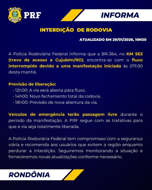 BR-364 segue bloqueada em Cujubim; produtores anunciam aberturas tempor&aacute;rias da via