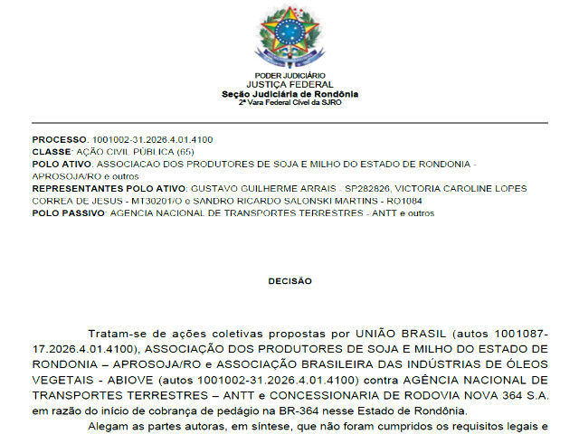 Nova 364 confirma notificação e diz que vai cumprir decisão que suspende pedágio na BR-364