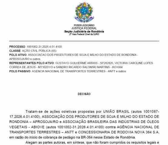 Nova 364 confirma notifica&ccedil;&atilde;o e diz que vai cumprir decis&atilde;o que suspende ped&aacute;gio na BR-364