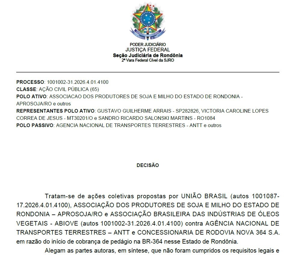 Nova 364 confirma notifica&ccedil;&atilde;o e diz que vai cumprir decis&atilde;o que suspende ped&aacute;gio na BR-364