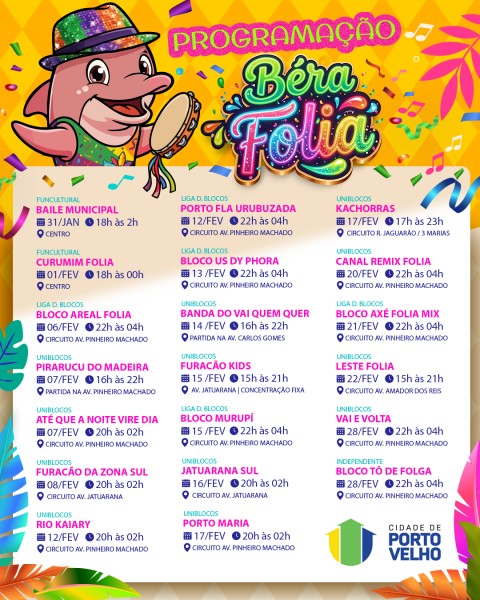 Carnaval oficial de Porto Velho come&ccedil;a neste s&aacute;bado com Baile Municipal; veja programa&ccedil;&atilde;o completa