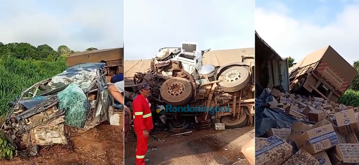 V&iacute;deo: acidente entre carro e carretas deixa mortos na BR-364 neste s&aacute;bado