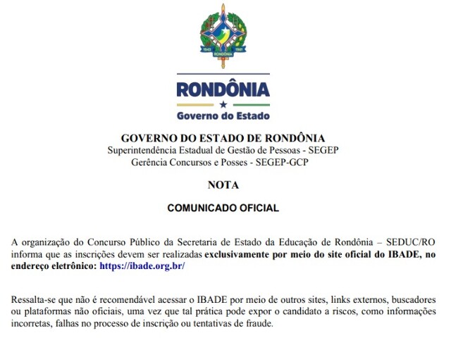 Alerta: inscrições para concurso da Seduc devem ser feitas exclusivamente no site oficial do Ibade