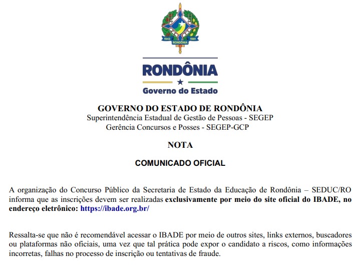 Alerta: inscri&ccedil;&otilde;es para concurso da Seduc devem ser feitas exclusivamente no site oficial do Ibade