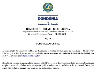 Alerta: inscri&ccedil;&otilde;es para concurso da Seduc devem ser feitas exclusivamente no site oficial do Ibade