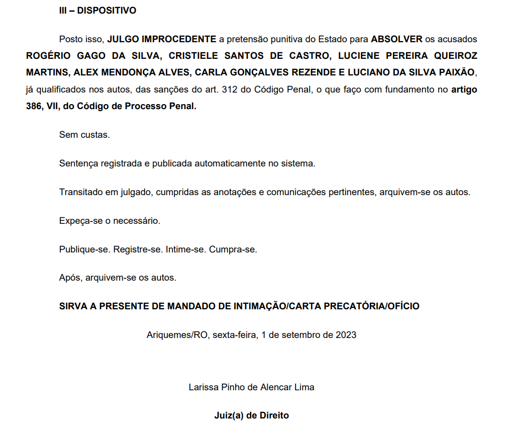 Presidente da Assembleia, prefeita de Ariquemes e secret&aacute;rio-geral da ALE foram inocentados em a&ccedil;&atilde;o do MP sobre associa&ccedil;&atilde;o