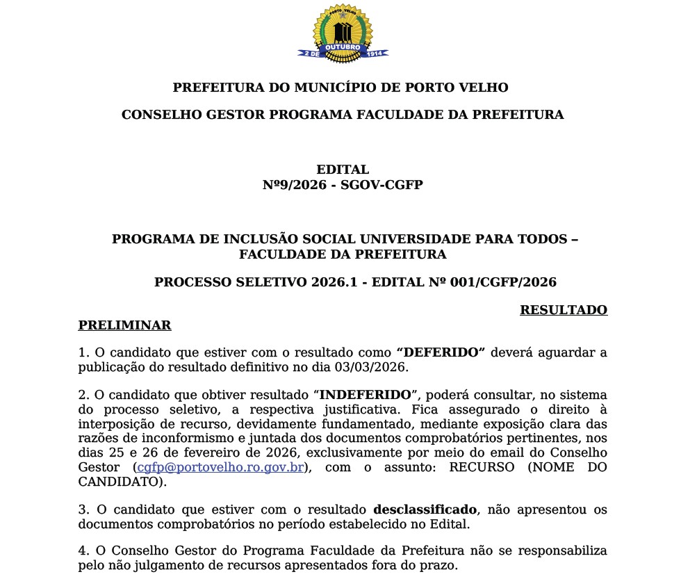 Divulgado resultado preliminar da Faculdade da Prefeitura 2026
