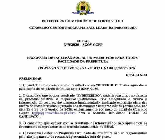 Divulgado resultado preliminar da Faculdade da Prefeitura 2026
