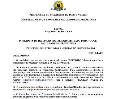 Divulgado resultado preliminar da Faculdade da Prefeitura 2026
