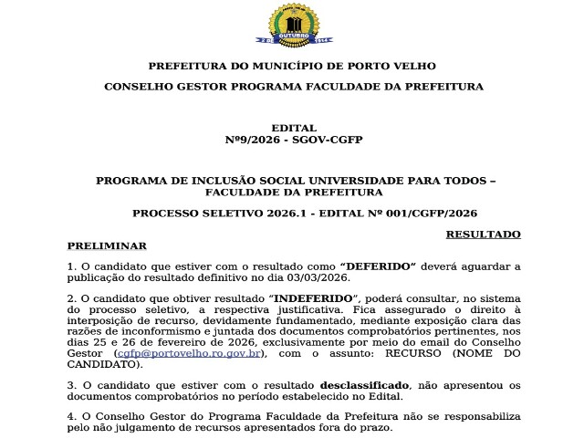 Divulgado resultado preliminar da Faculdade da Prefeitura 2026